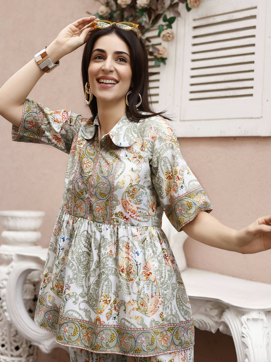 Off White Rayon Paisley Printed Top with Matching Bottom - Eesha - Swadesiicart