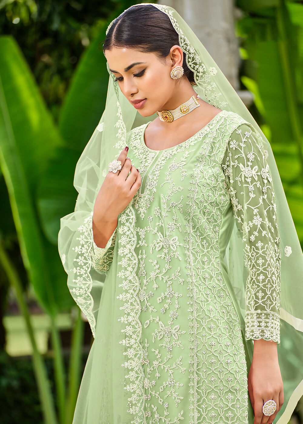 Pista Green Stone & Cording Work Festive Palazzo Suit - Emponline | Swadesiicart