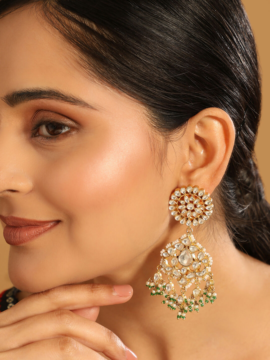 Nuyug 22K Gold Plated Traditional Kundan Studded Contemporary Dangler Earrings with Pearl and Green Bead Accents | Swadesiicart