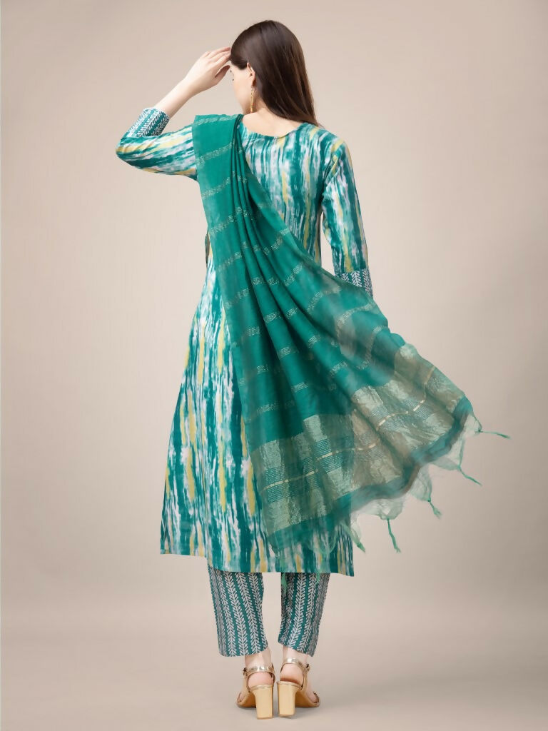 Jyoti Fashion Women's Teal Rayon Print with Embroidery & Fancy Lace Work Kurta with Trouser & Dupatta | Swadesiicart