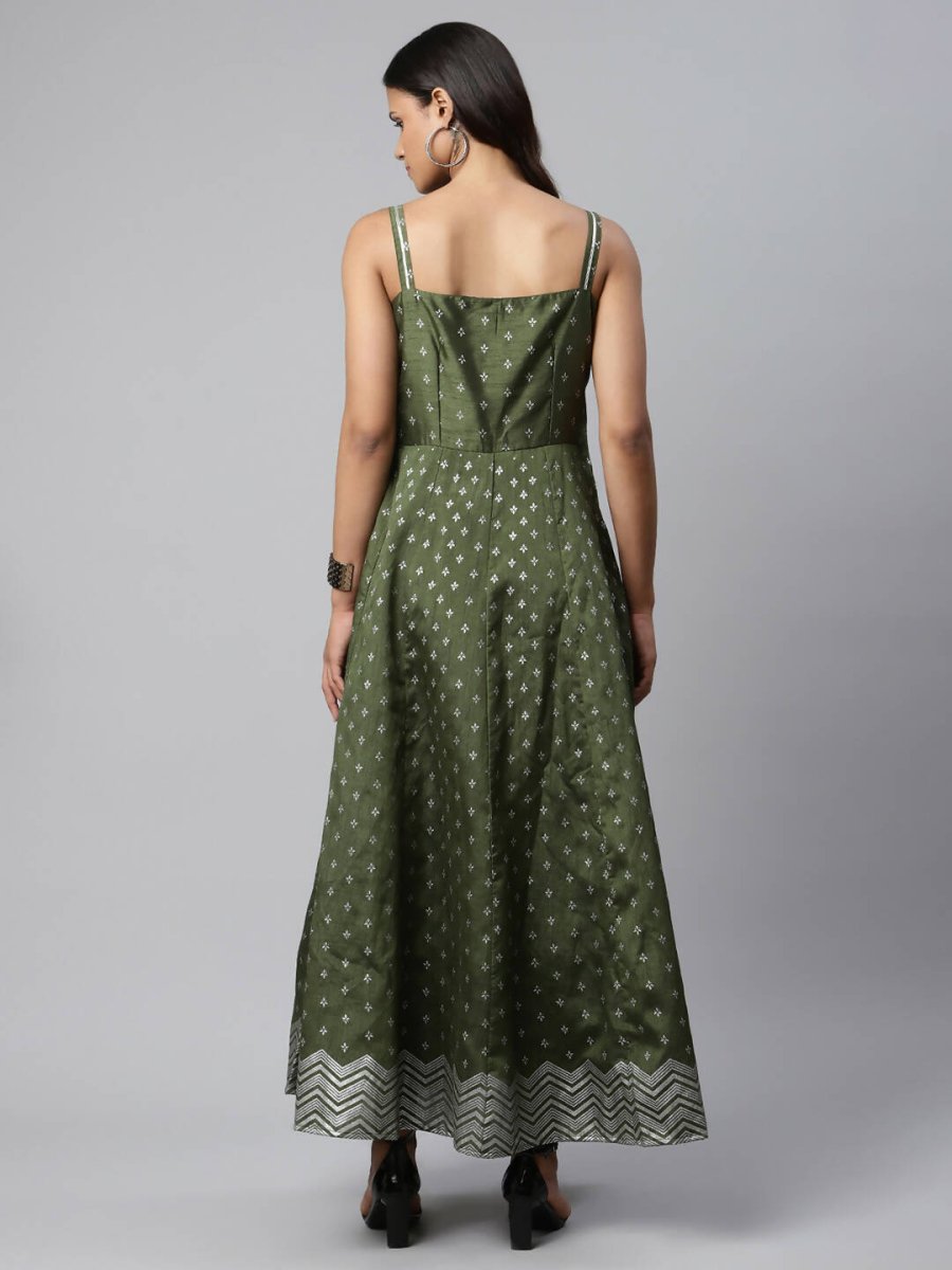 Ahalyaa Women Olive Poly Silk Silver Foil Printed Dress | Swadesiicart