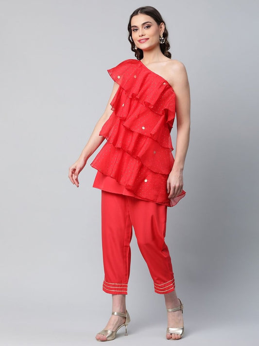 Ahalyaa Red Printed Layered Top with Trousers | Swadesiicart