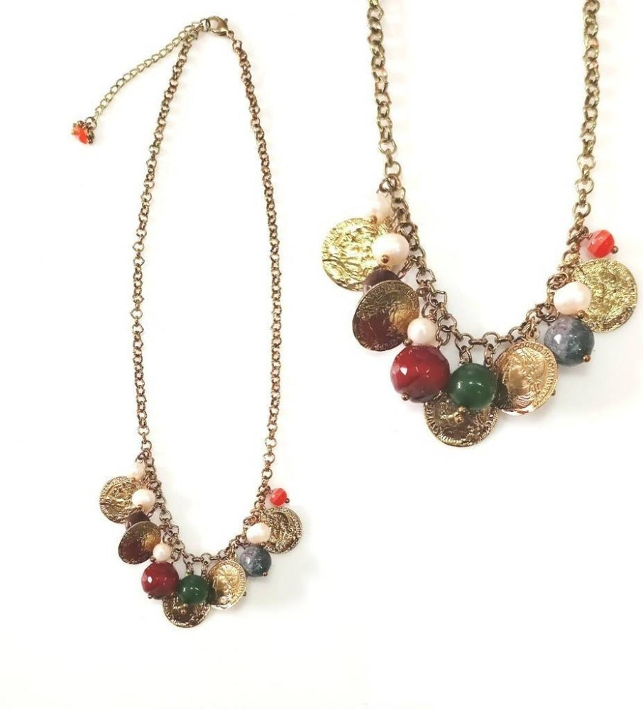 Bling Accessories Antique Brass Finish Brass Metal Coral Semi Precious Coin Charm Necklace with Real Baroque Pearls | Swadesiicart