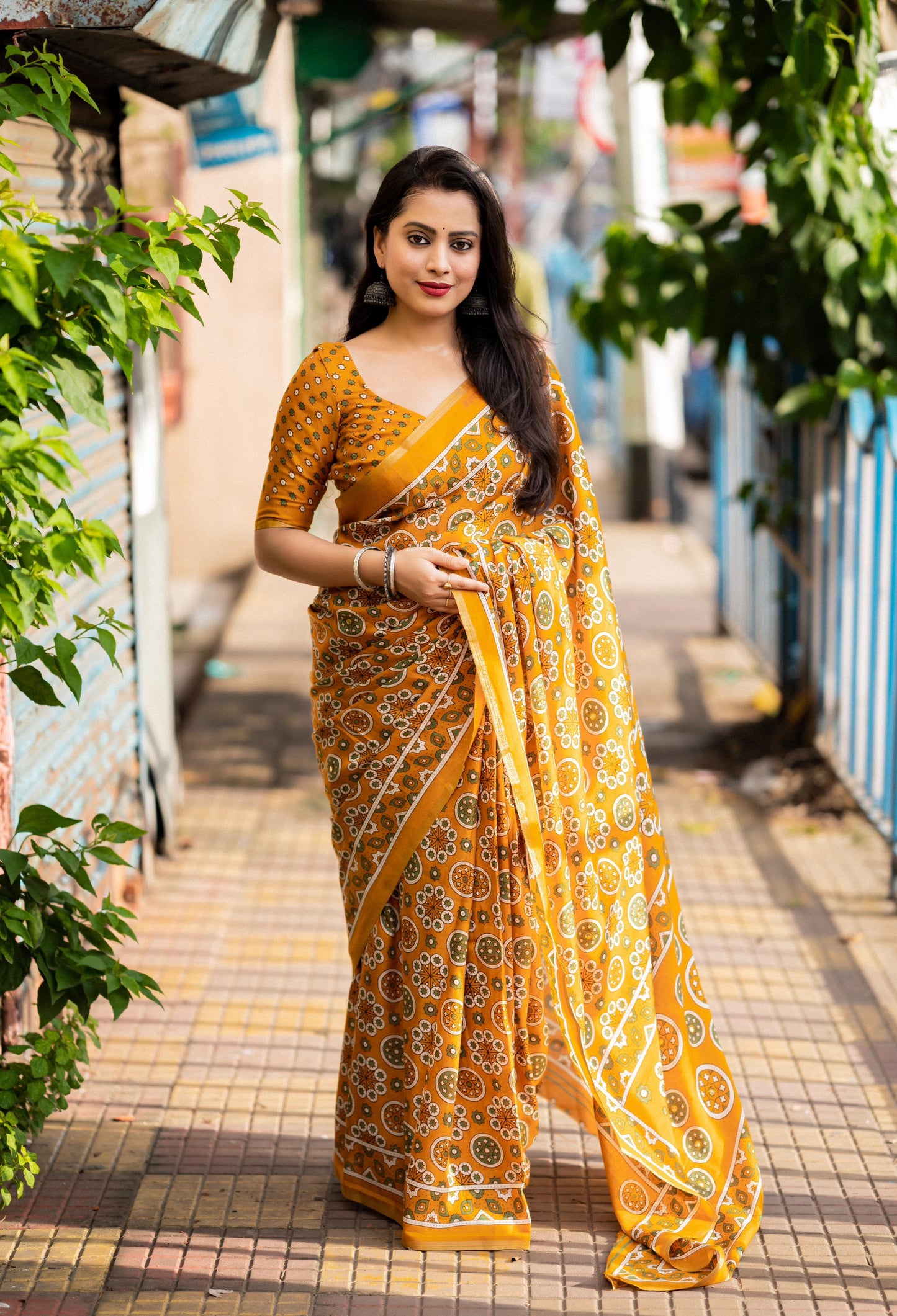 Mustard Cotton Blend Ajrak Saree with Unstitched Blouse - Hiral Fashion | Swadesiicart