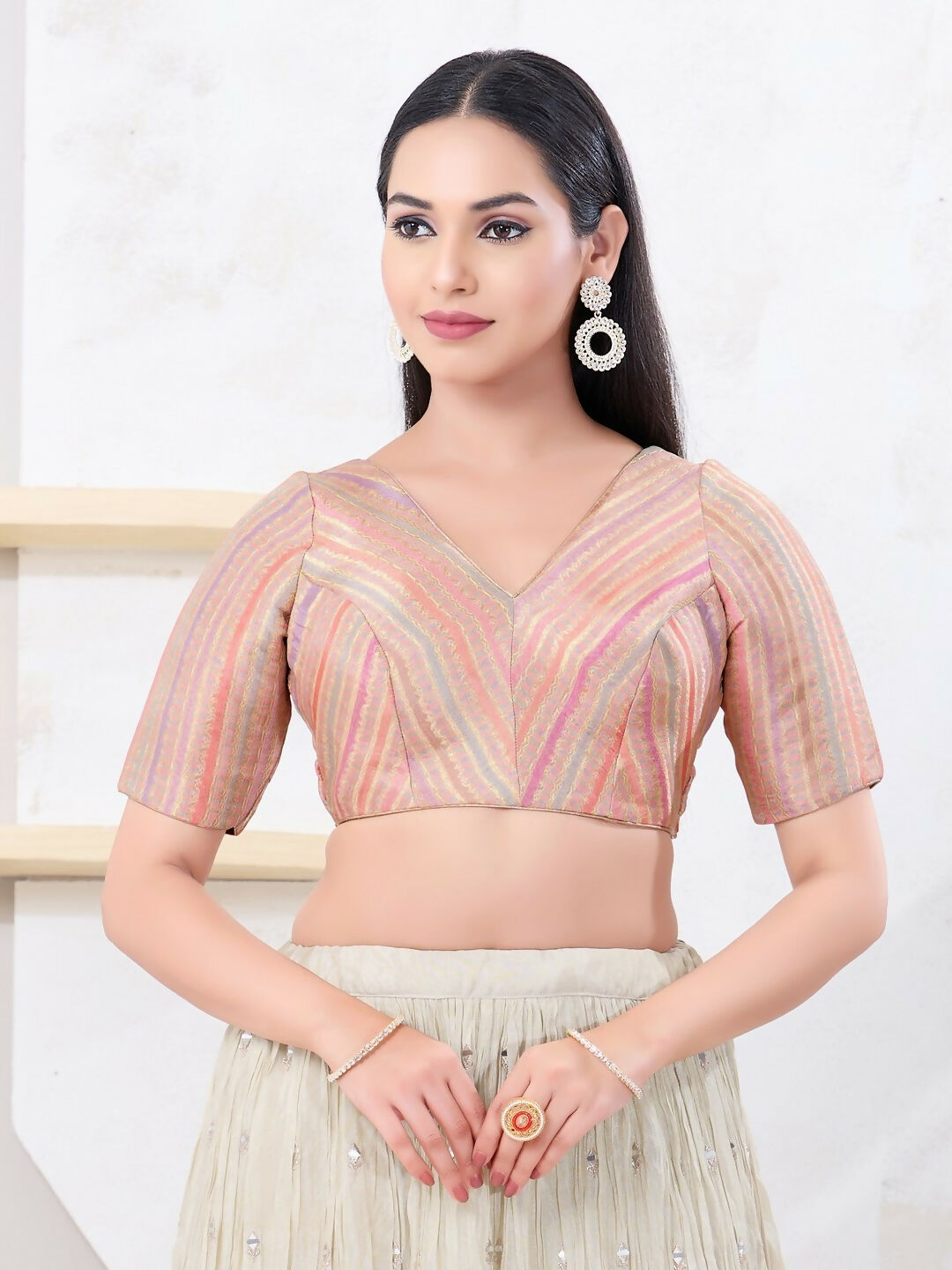 Joban Fashion Peach Jacquard Elbow Sleeveless Back Open Blouse - Swadesiicart
