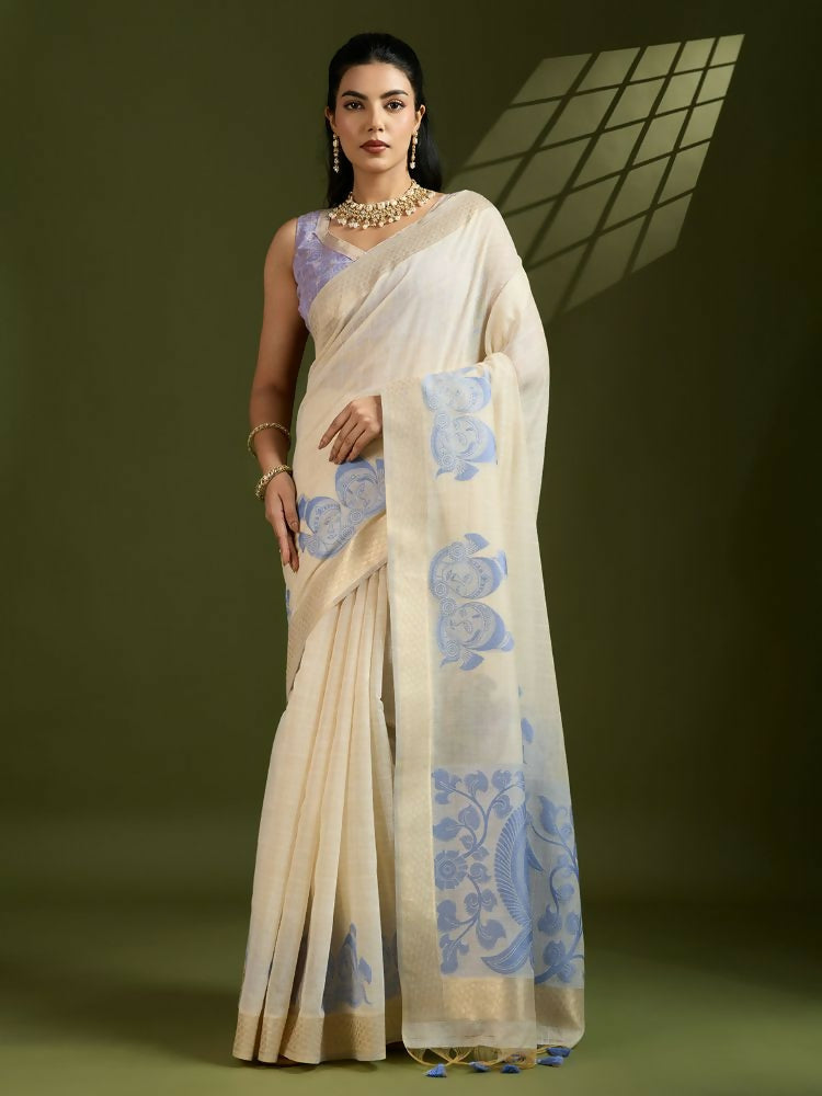 Vishnu Weaves Women's Blue Muga Cotton Thread Woven Saree with Blouse - Swadesiicart