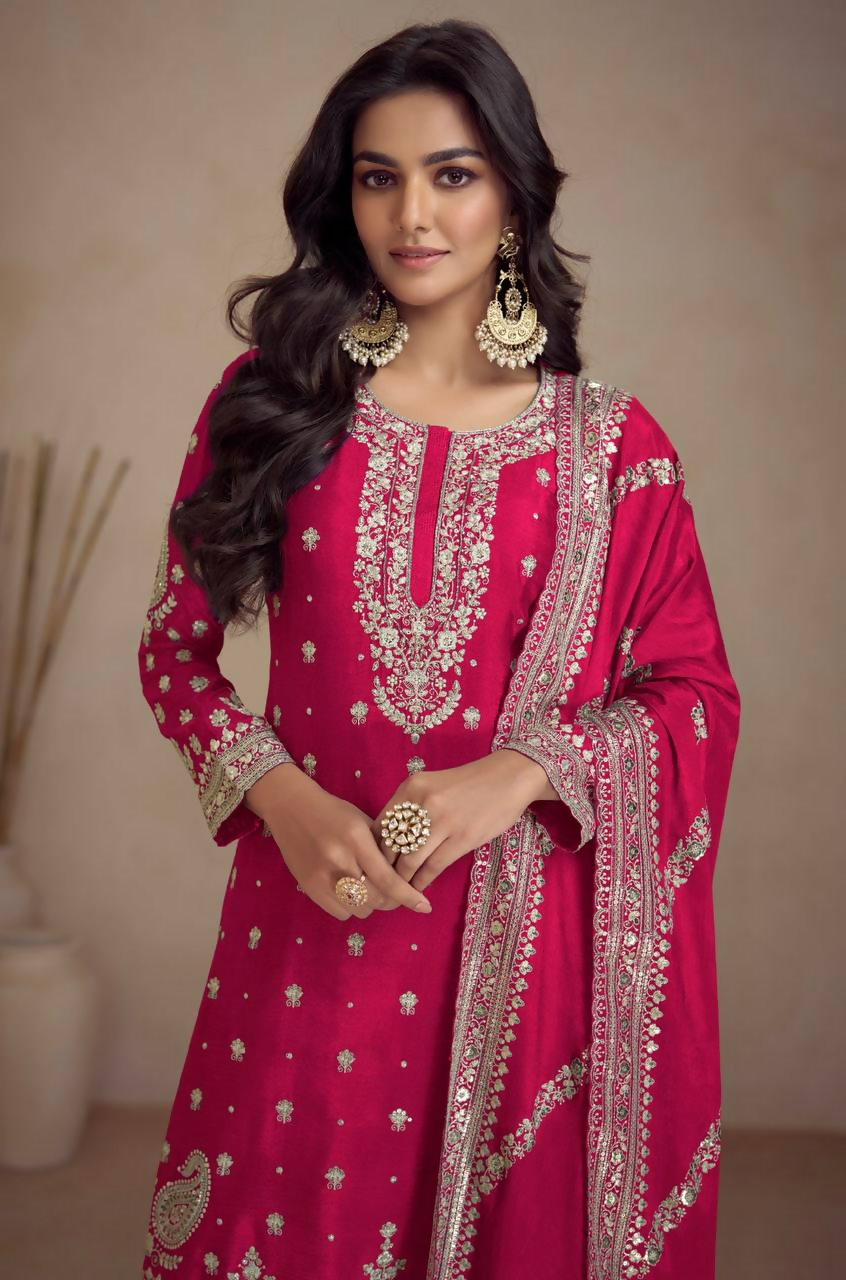 Lorenvalley Fashion Pink Chinon Embroidery With Sequince Work Salwar Kameez Stitched | Swadesiicart