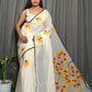 Exclusive Collection Beautiful White Yellow Pure Cotton Hand Print Handloom Saree With Running Blouse Piece - Swadesiicart