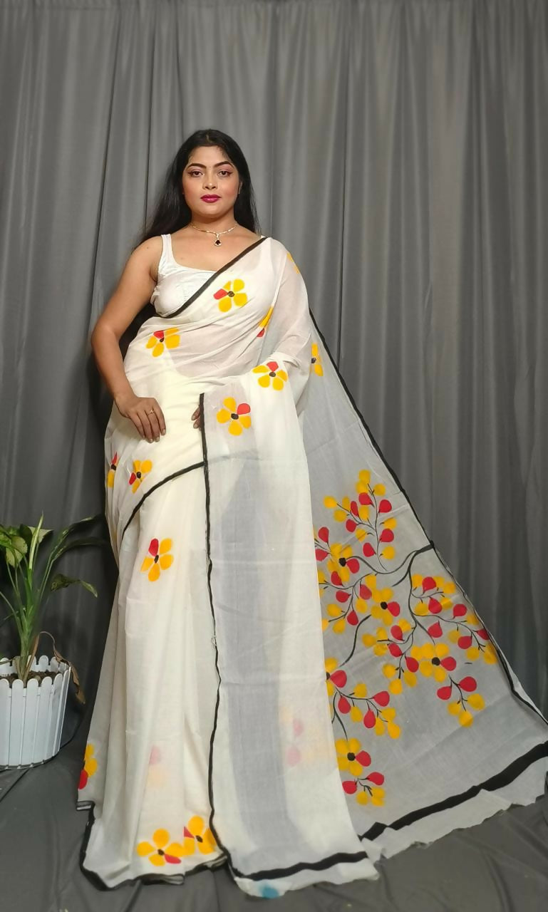 Exclusive Collection Beautiful White Yellow Pure Cotton Hand Print Handloom Saree With Running Blouse Piece - Swadesiicart