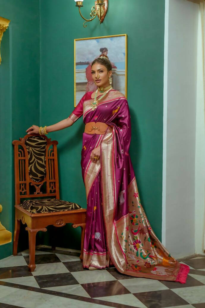 Vishnu Weaves Women's Wine Paithani Silk Zari Woven Saree with Unstitched Blouse - Swadesiicart