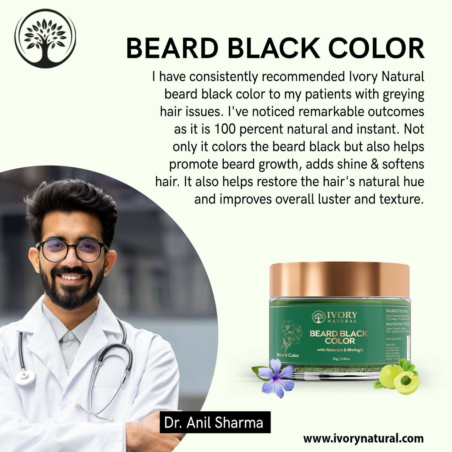 Ivory Natural Beard Black Color Organic - Instant Natural Plant Based Beard Color Powder | Swadesiicart