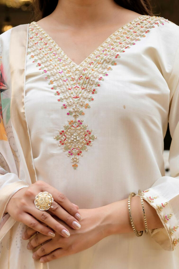 The52 White Women's Beautiful Viscose Chanderi Fabric Embroidered Work Straight Kurta Pant and Dupatta Set - Swadesiicart