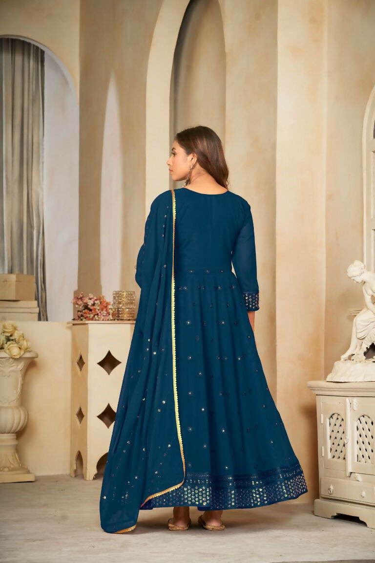 Jyoti Fashion Women's Rama Georgette Embroidered Anarkali Kurta Pant Set With Dupatta | Swadesiicart
