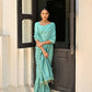 Vishnu Weaves Women's Sea-Green Handloom Raw Silk Saree with Blouse - Swadesiicart