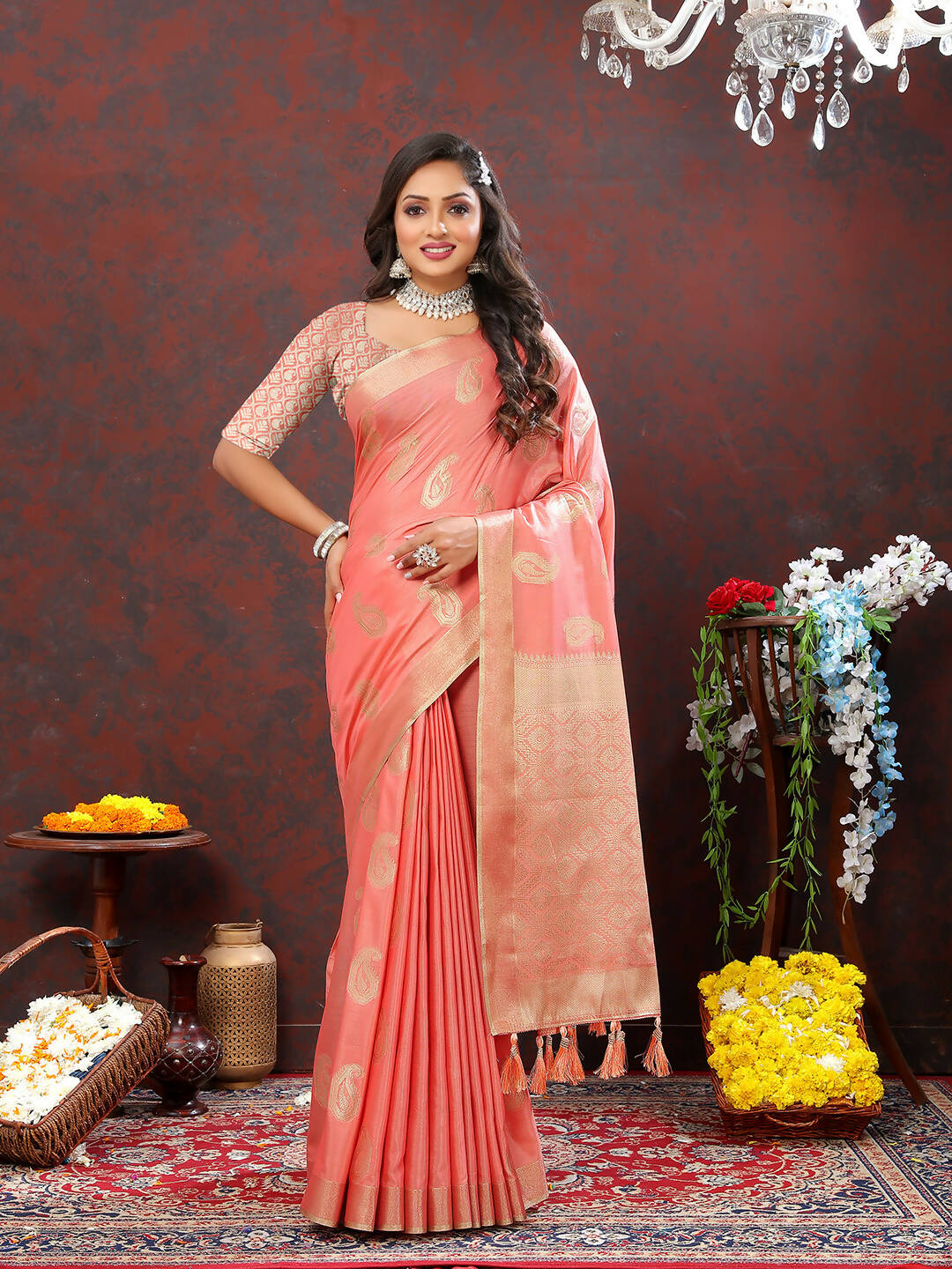 Lorenvalley Fashion Peach Cotton Woven Design with Zari Weaving Design Saree - Swadesiicart