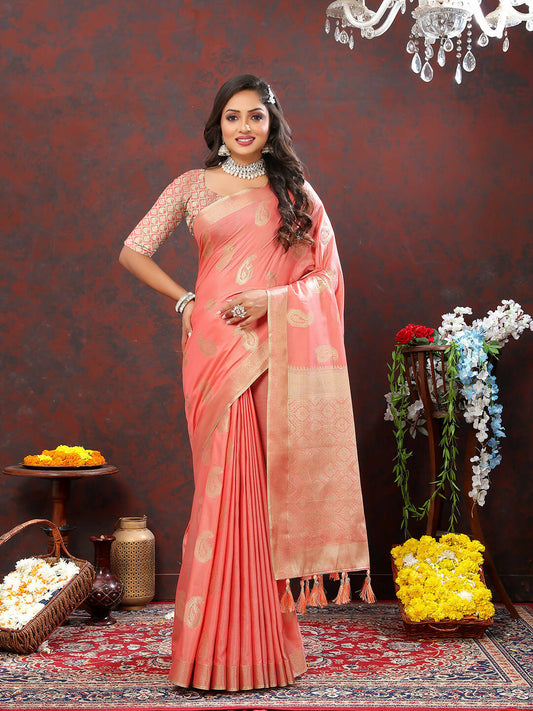 Lorenvalley Fashion Peach Cotton Woven Design with Zari Weaving Design Saree - Swadesiicart