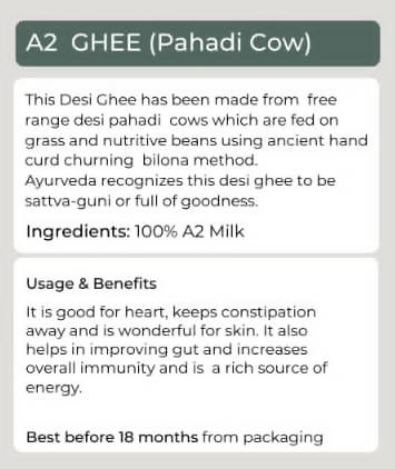 Organic Potli A2 Vedic Ghee Pahadi Cow |  A2 Gir Cow Organic A2 Ghee Vedic Bilona Method Grassfed Cultured Traditional Curd Bilona Ghee, Glass Bottle | Swadesiicart
