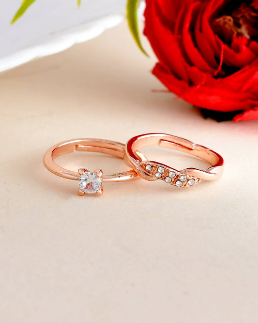 VOJ Stainless Steel Cubic Zirconia Rose Gold-Polished Adjustable Ring Set for Couple | Swadesiicart