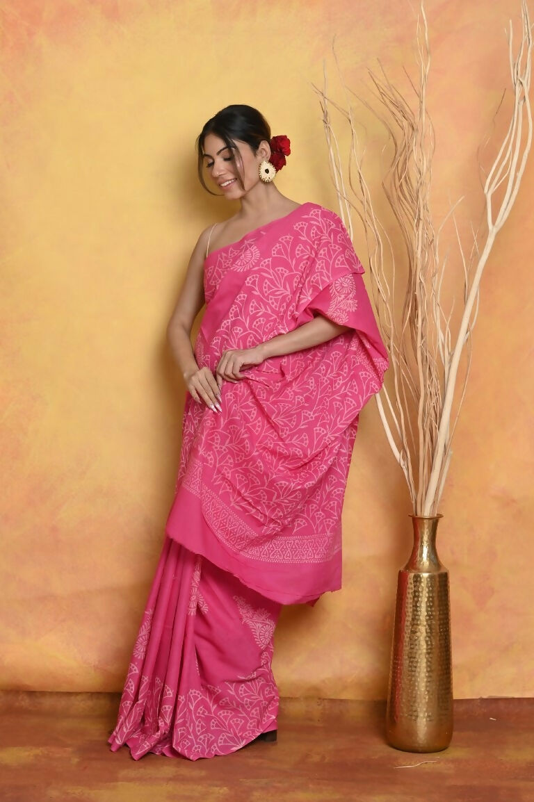 Very Much Indian Handblock Printed Cotton Saree With Natural Dyes - Pink | Swadesiicart