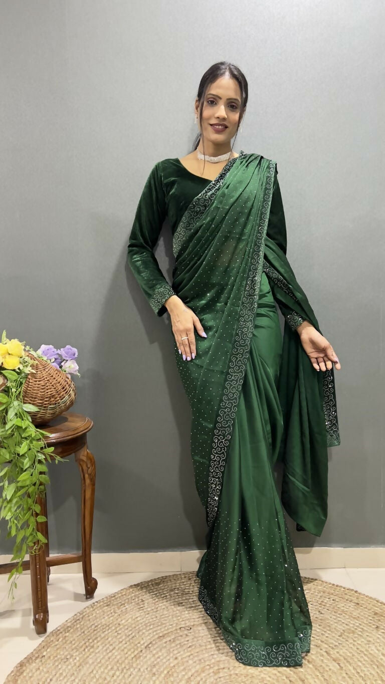 Vastranavya Green Rangoli Silk Swarovski work Ready to Wear Saree | Swadesiicart