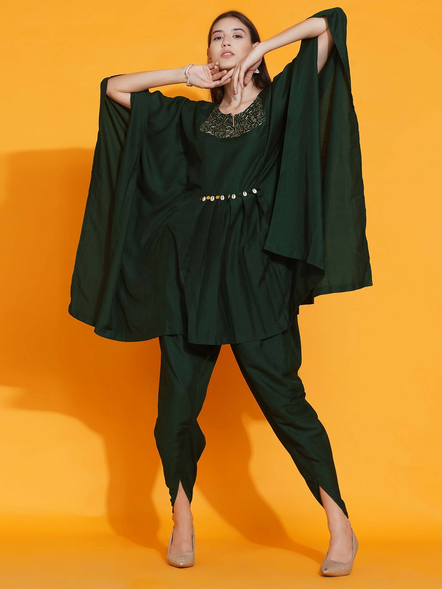Women Republic Green Kaftan With Hand Embellishment And Dhoti Salwaar | Swadesiicart