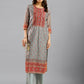 Grey Chinon Digital Printed With Hand Work Kurta - Himanshi - Swadesiicart