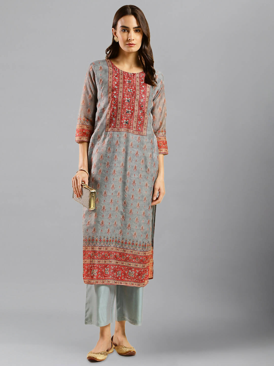 Grey Chinon Digital Printed With Hand Work Kurta - Himanshi - Swadesiicart