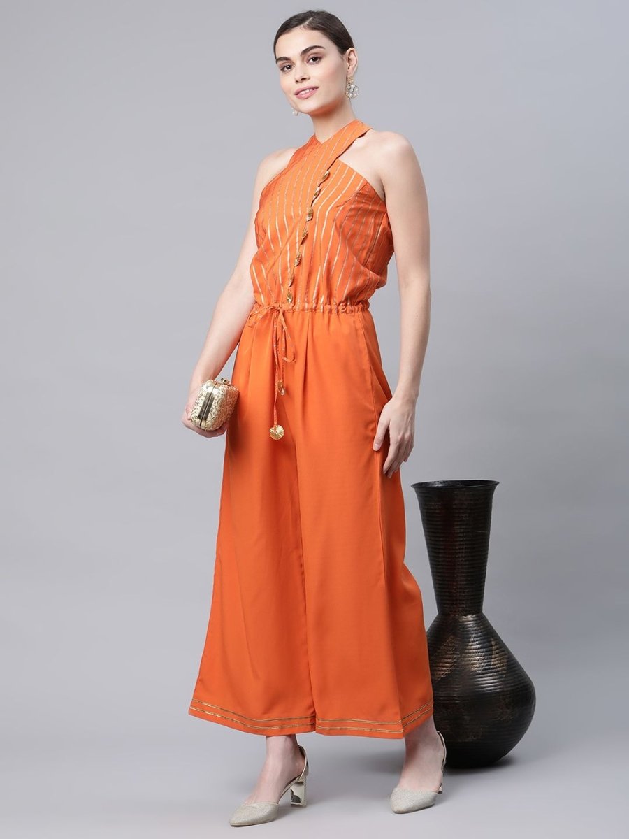 Ahalyaa Womens Orange Crepe Gold Stripped Print Jumpsuit - Swadesiicart