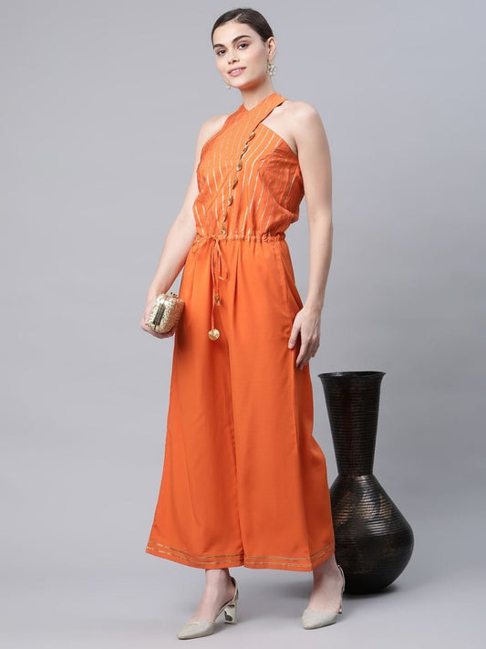 Ahalyaa Womens Orange Crepe Gold Stripped Print Jumpsuit - Swadesiicart