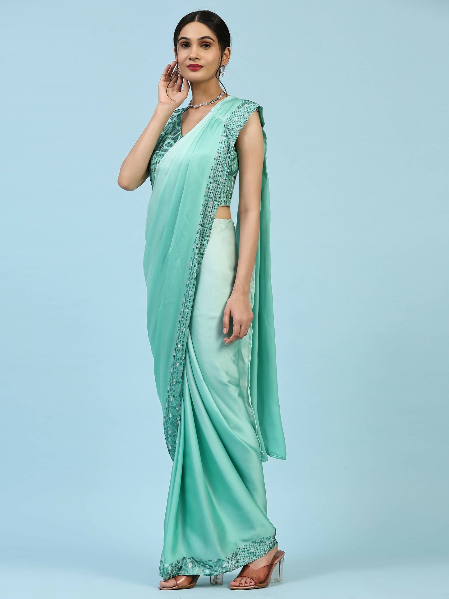 Sea Green Ombre Satin Georgette Plain Ready to wear Saree with stitched Blouse - Vrinda | Swadesiicart