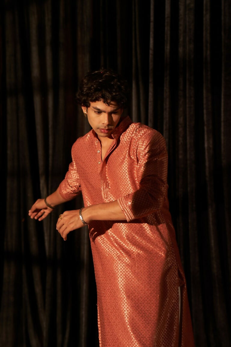 Red viscose Chikankari Embroidery Work Men's Traditional Kurta Set - Mahotsav | Swadesiicart