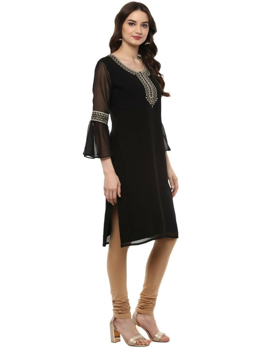 Ahalyaa Women's Black Georgette Glitter Print Kurta | Swadesiicart