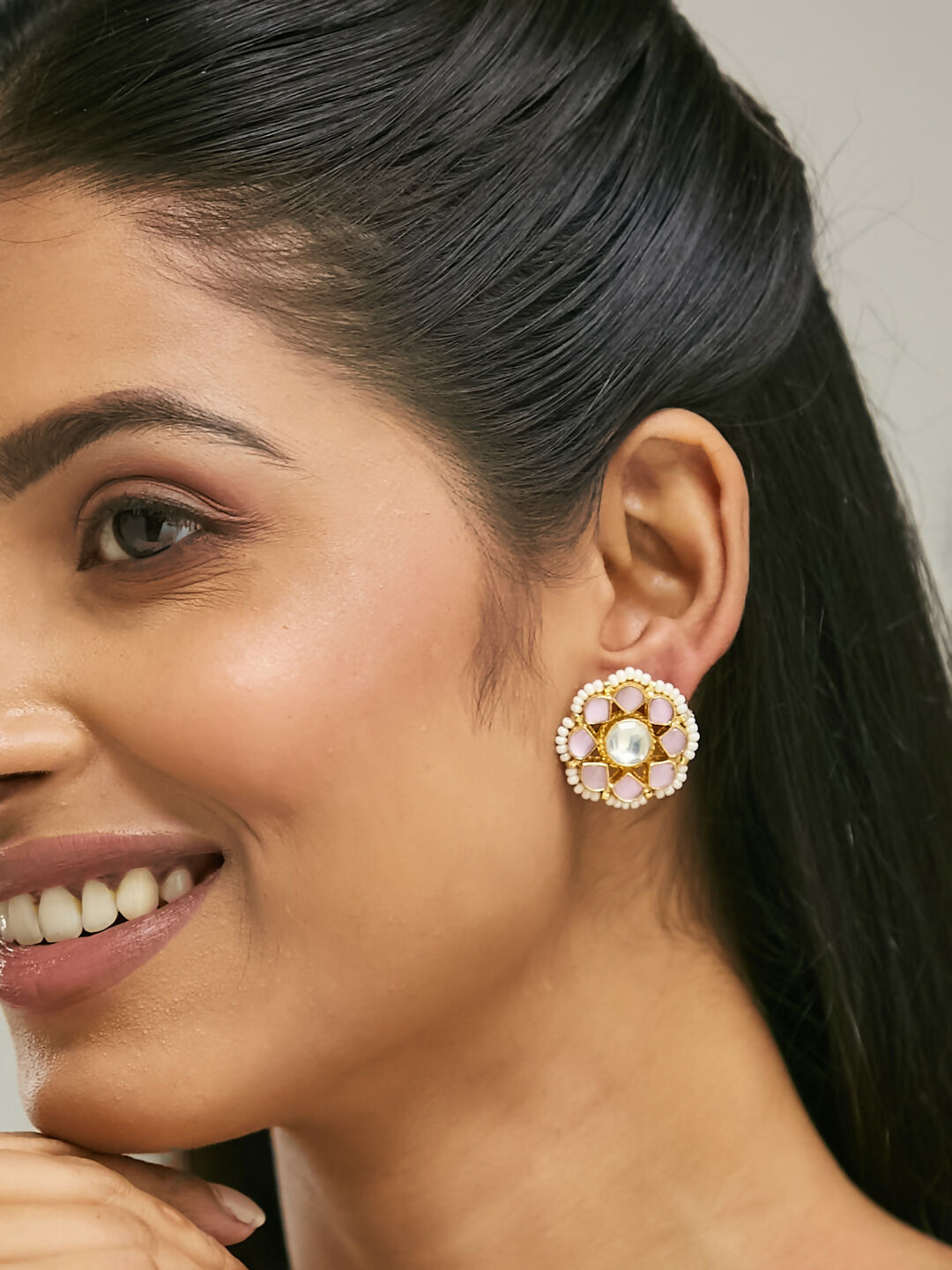 Nuyug 22K Gold-Plated Pink Kundan Studded & Beaded Floral Shaped Studs | Swadesiicart