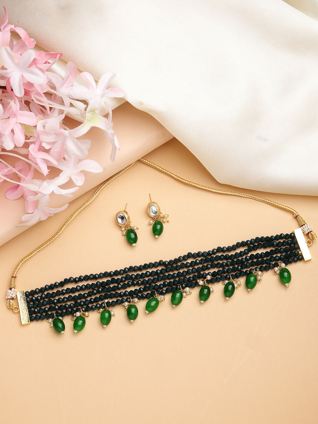 NVR Women's Green Artificial Beads Layered Necklace with Drop Earring - Swadesiicart