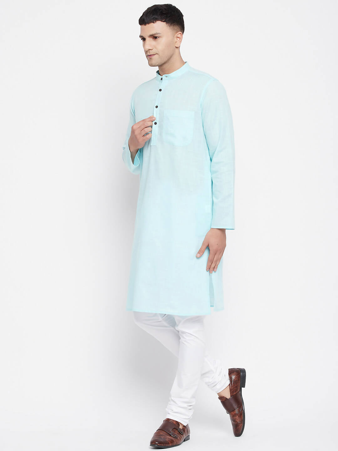 Even Apparels Pure Cotton Blue Color Men's Kurta With Band Collar | Swadesiicart