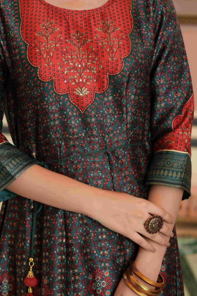 Juniper Green Satin Festive Printed Anarkali Flared Anarkali Kurta For Women | Swadesiicart