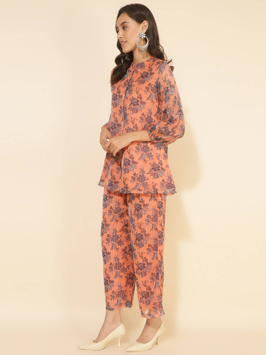 Janasya Women's Peach Chiffon Lurex Floral Printed Festive Regular Co-ords - Swadesiicart