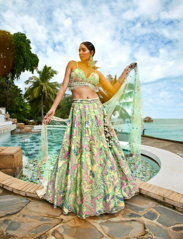 House of Panchhi Lime Green Organza Sequins And Mirror Embroidery Lehenga Choli & Dupatta | Swadesiicart