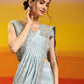 Sky Blue Silk Satin Plain Ready to wear Saree with stitched Blouse - Vrinda | Swadesiicart