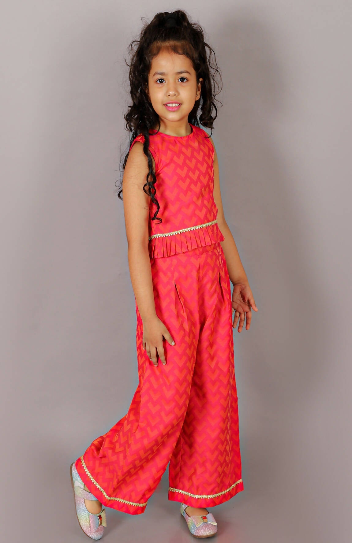 Lil Drama Folklore Girls Pink Crop Top With Pants Co-Ordinate Set - Swadesiicart