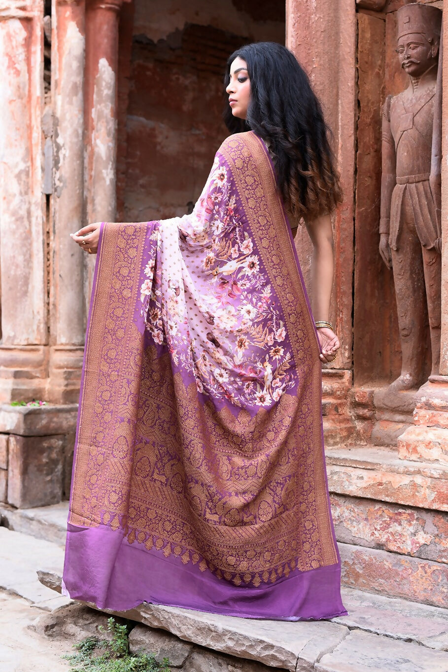 Joban Fashion Dark And Light Lilac Crepe Chiffon Pure Handloom Banarasi Silk Saree | Swadesiicart