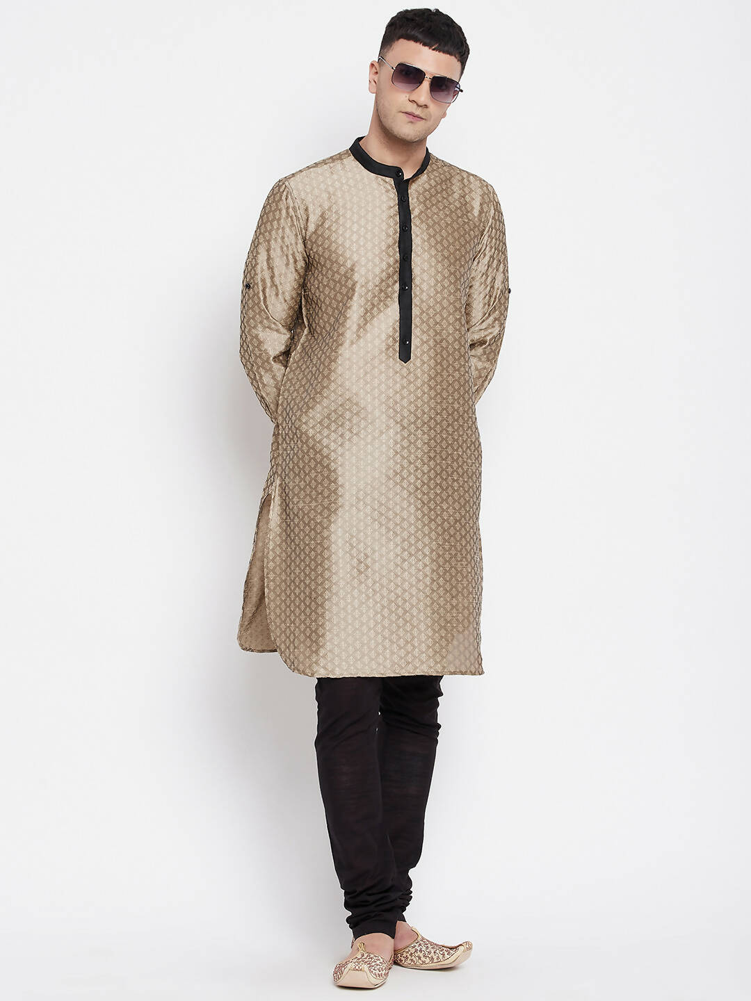 Even Apparels Beige Art Silk Men's Kurta With Contrast Collar And Placket | Swadesiicart