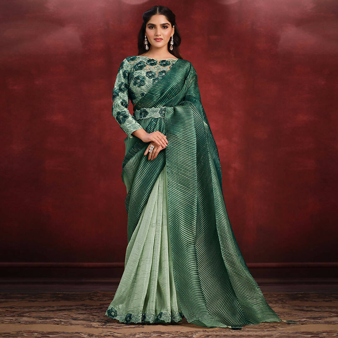 Sea Green Banarasi Crush Silk Sequence Thread & Stone Work/ Texture Pallu Saree - Mohmanthan Kimiya | Swadesiicart
