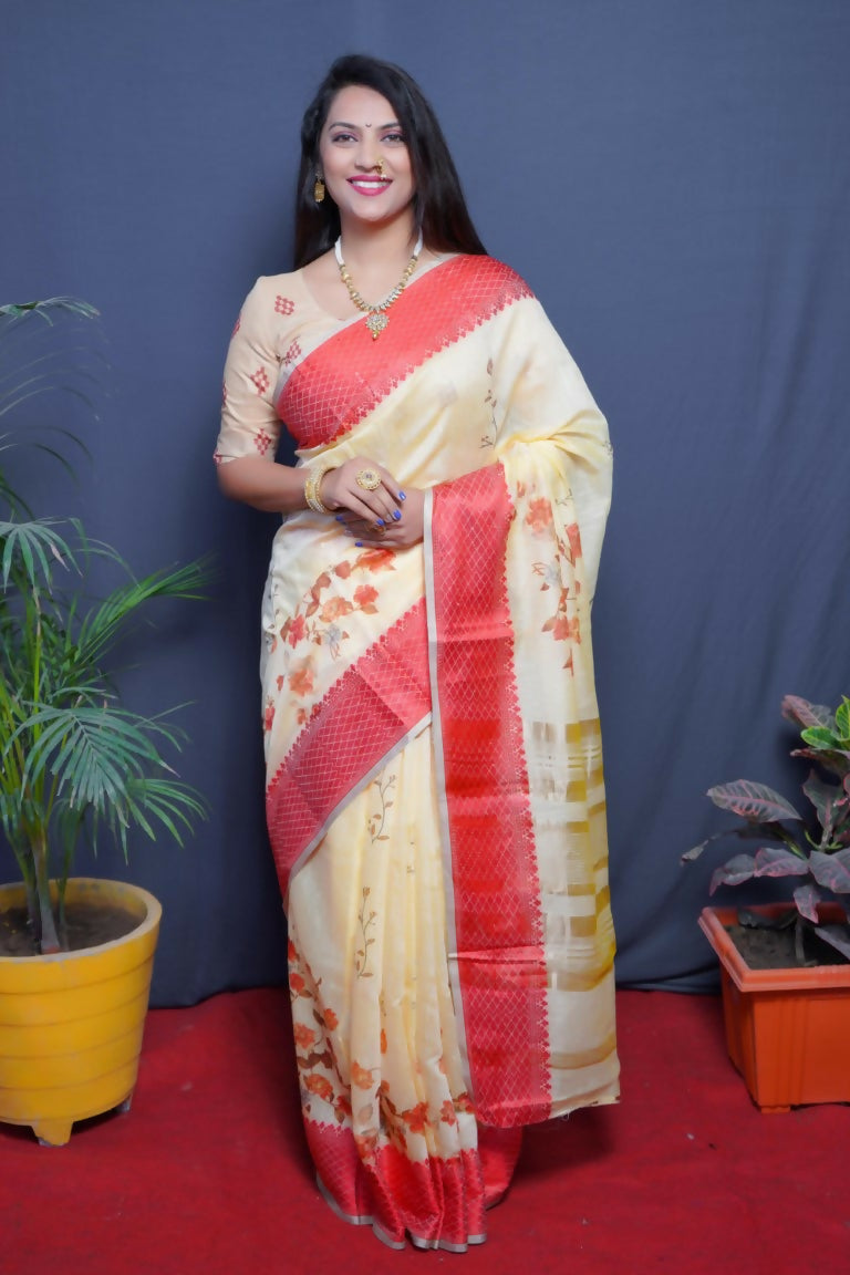 Jyoti Fashion Women's Red Linen Silk Digital Print with Jacquard Woven Border Saree with Blouse | Swadesiicart