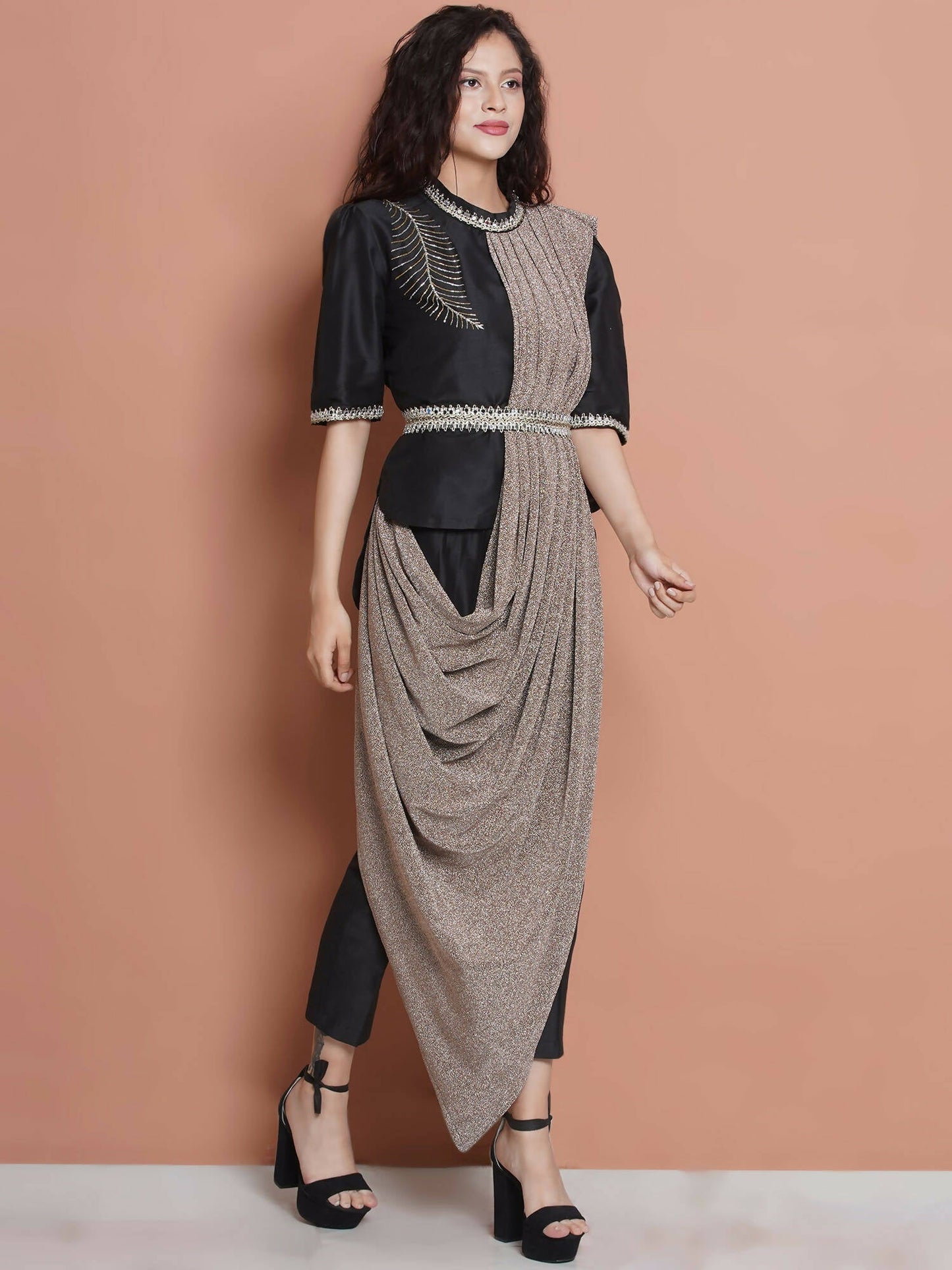 Women Republic Black Cotton Blended Set with Attached Drape | Swadesiicart