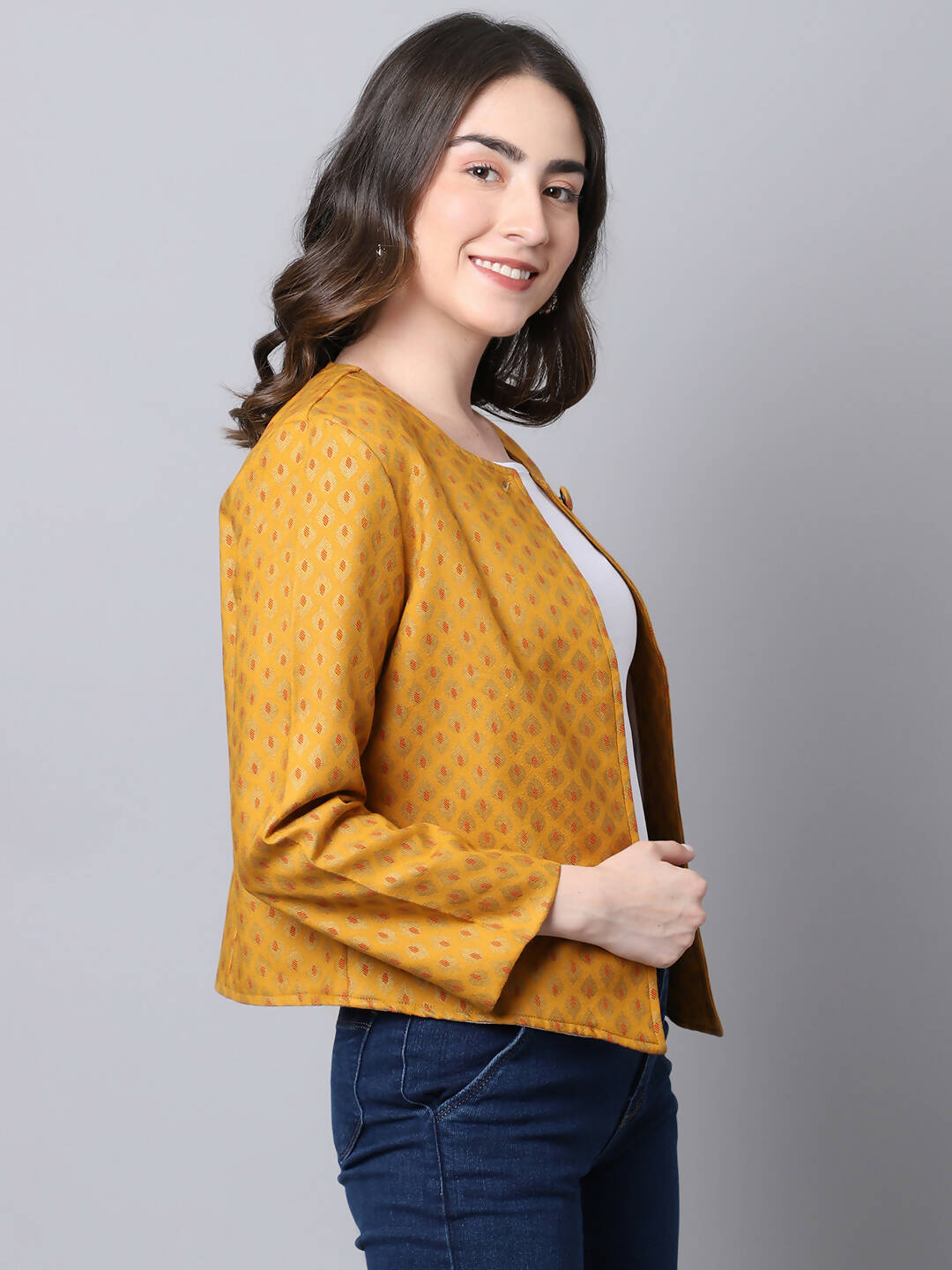 Even Apparels Yellow 100% Viscose Open Front Statement Women's Jacket | Swadesiicart