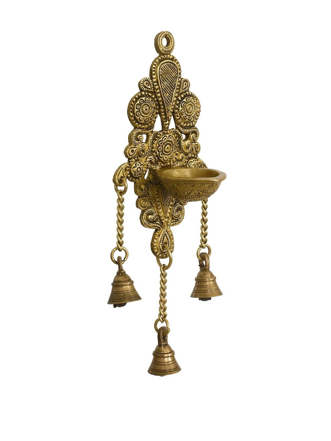 eCraftIndia Gold-Toned Handcrafted Antique Finish Diya with Bells Decorative Wall Hanging Showpiece | Swadesiicart