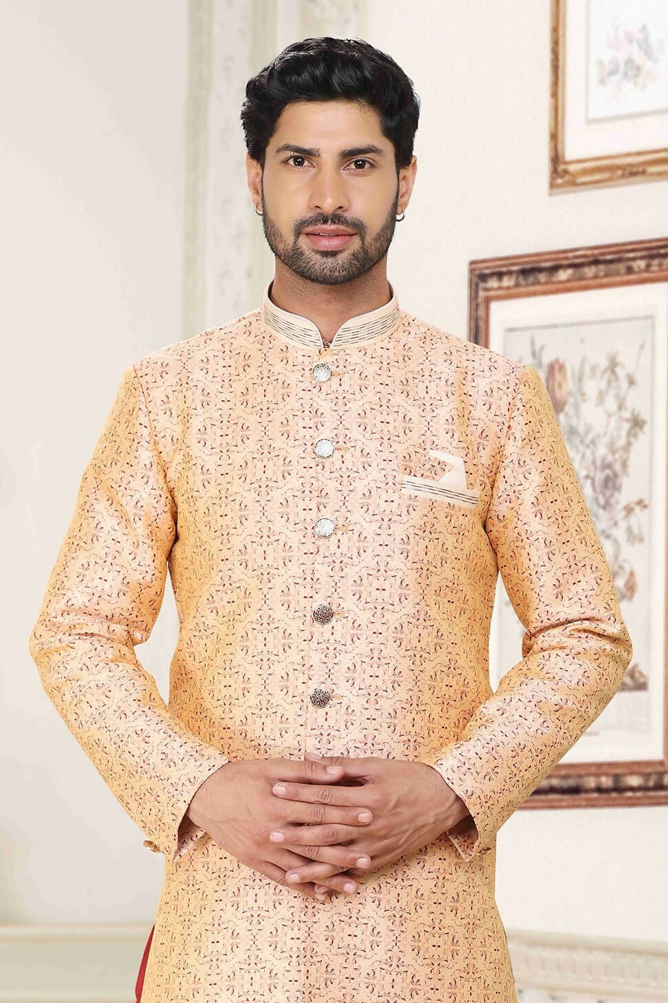 Raivat Ethnic Banarasi Jacquard Embroidery Semi Indo Western Sherwani In Cream Maroon Colour | Swadesiicart