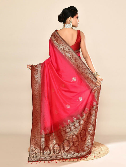 Joban Fashion Rani Pink & Bottle Green Plain With Weaving Border Banarasi Silk Sarees | Swadesiicart