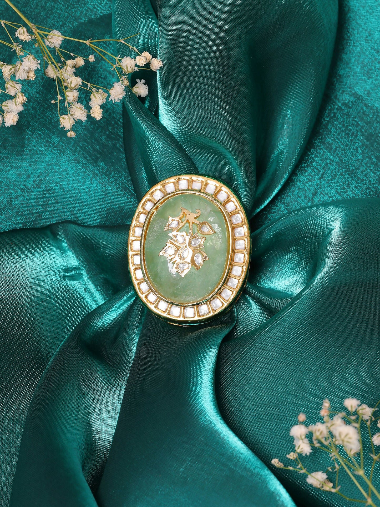 Ruby Raang Gold Polished Green Kundan And Stone Ring | Swadesiicart